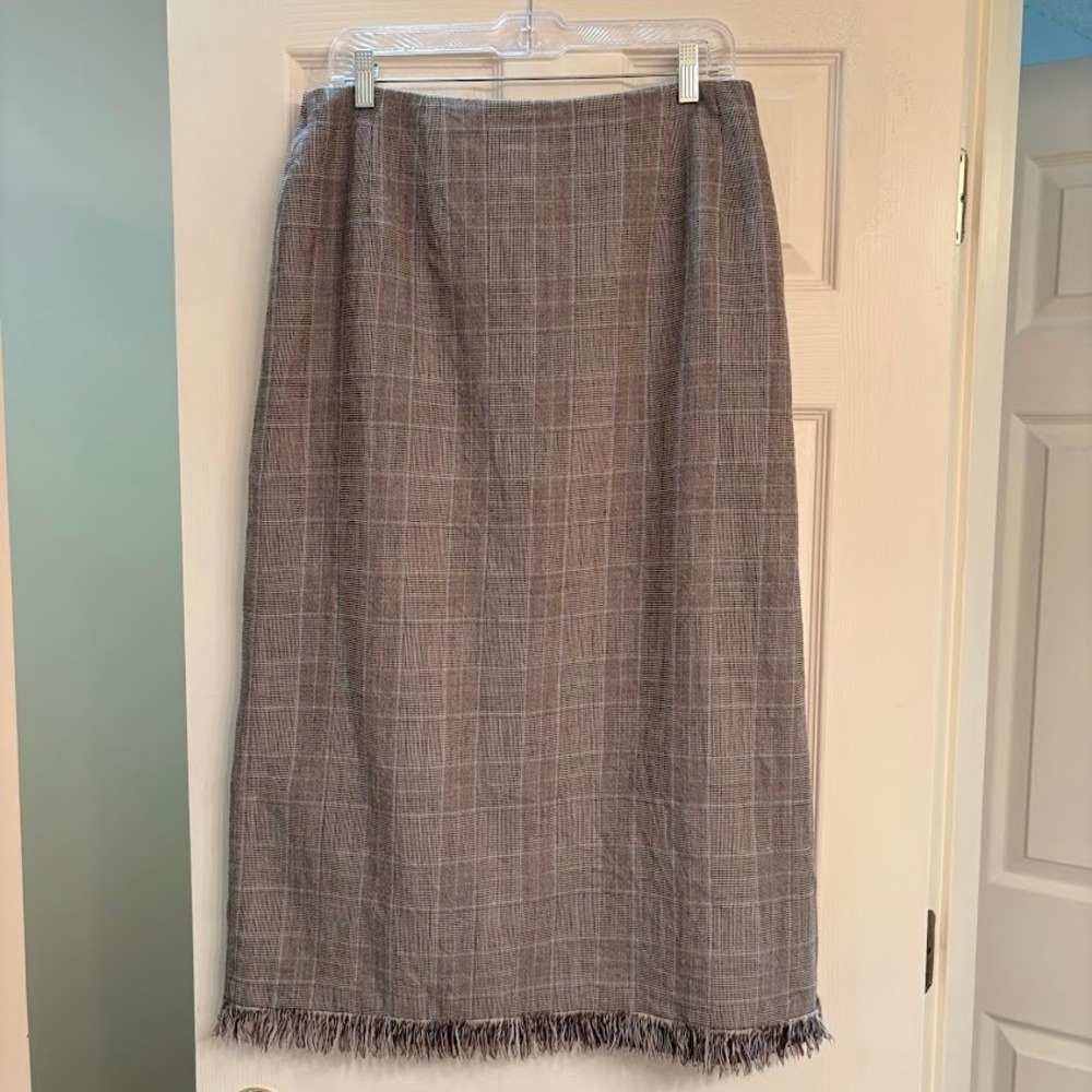 Harve Benard Plaid Skirt Womens 14 Brown Wool Fringe Midi Pencil Old Money Boots